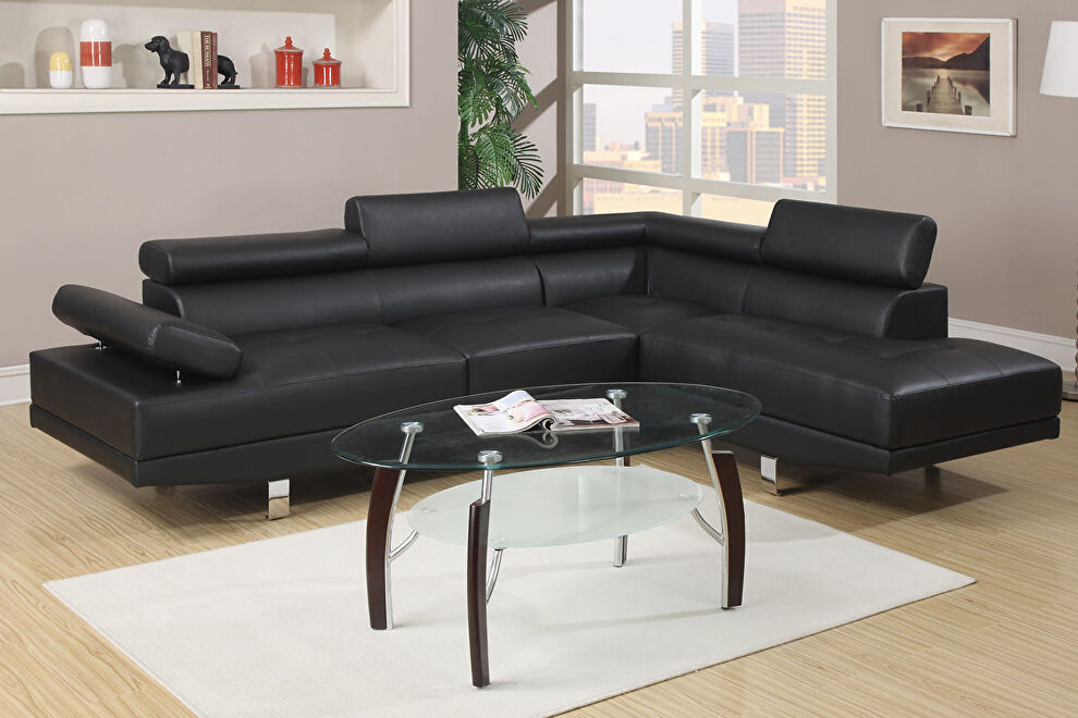 Black faux leather adjustable headrest sectional sofa with right facing chaise by La Spezia