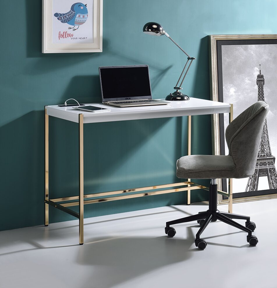 White top ang gold finish metal legs writing desk with usb port by La Spezia