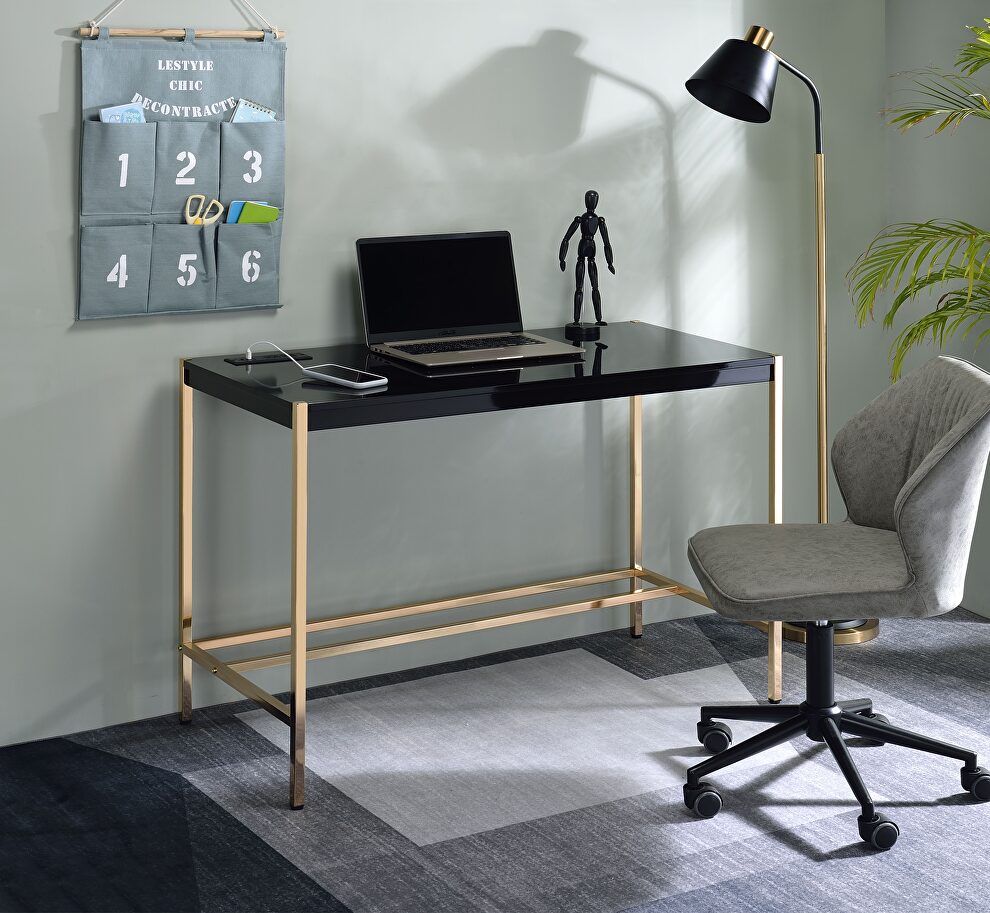 Black top ang gold finish metal legs writing desk with usb port by La Spezia