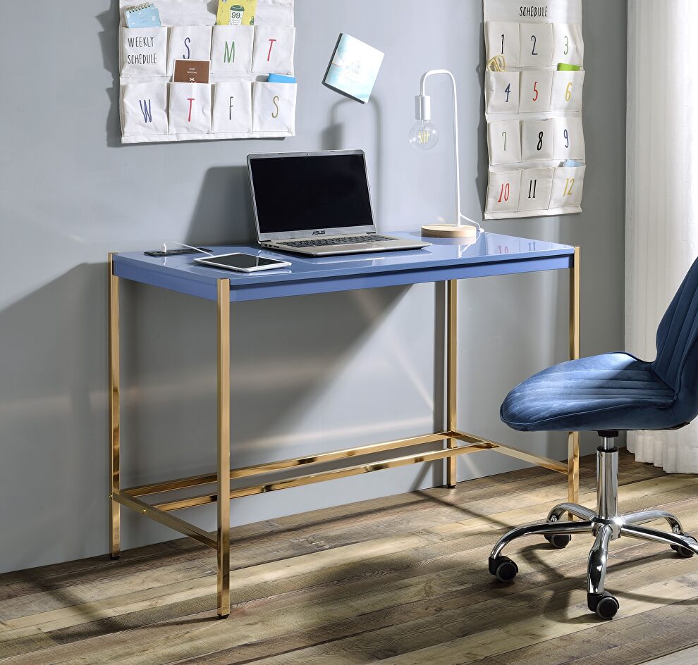 Navy blue top ang gold finish metal legs writing desk with usb port by La Spezia