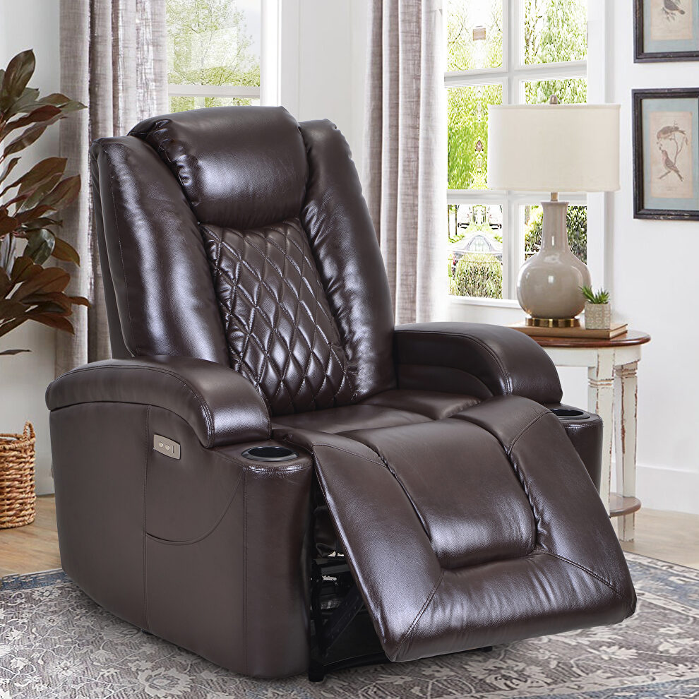 Brown pu power motion recliner with usb charge port and cup holder by La Spezia