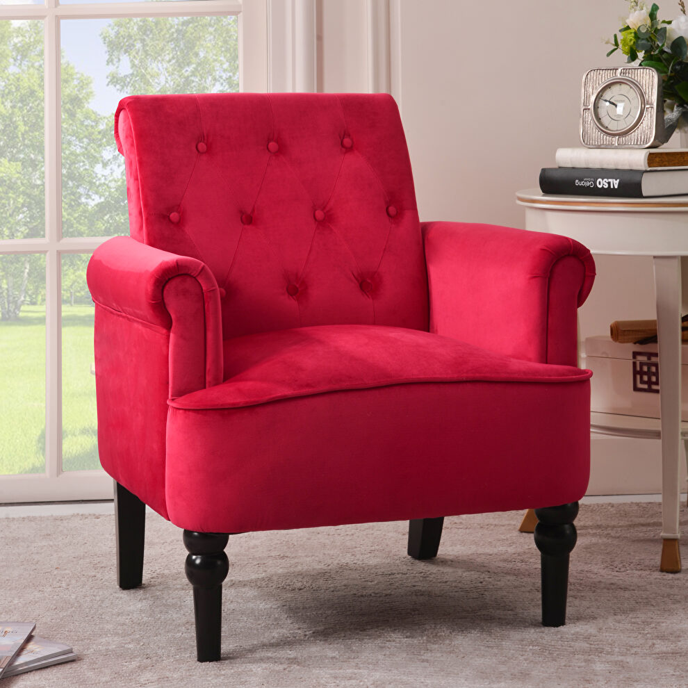 Deep burgundy velvet elegant button tufted club chair accent armchairs roll arm by La Spezia