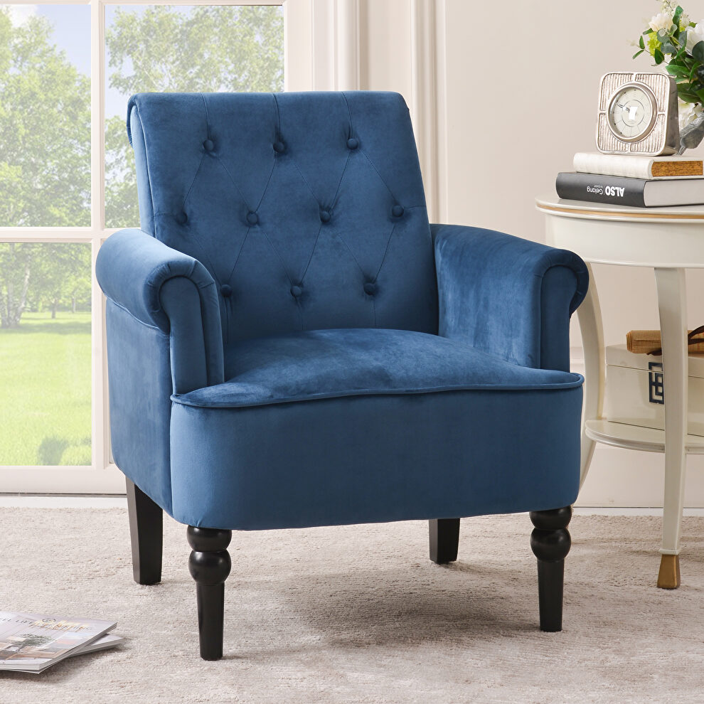 Navy blue velvet elegant button tufted club chair accent armchairs roll arm by La Spezia