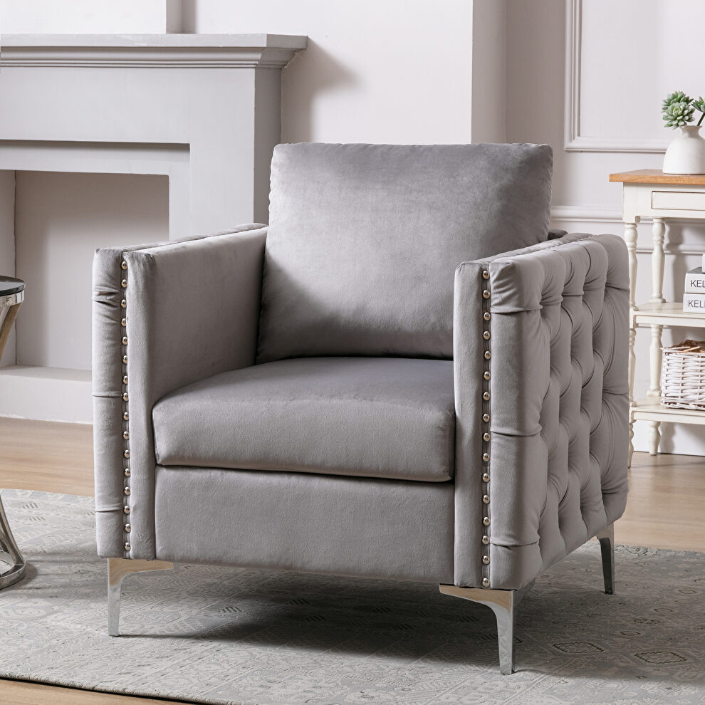 Modern button tufted gray velvet accent armchair by La Spezia