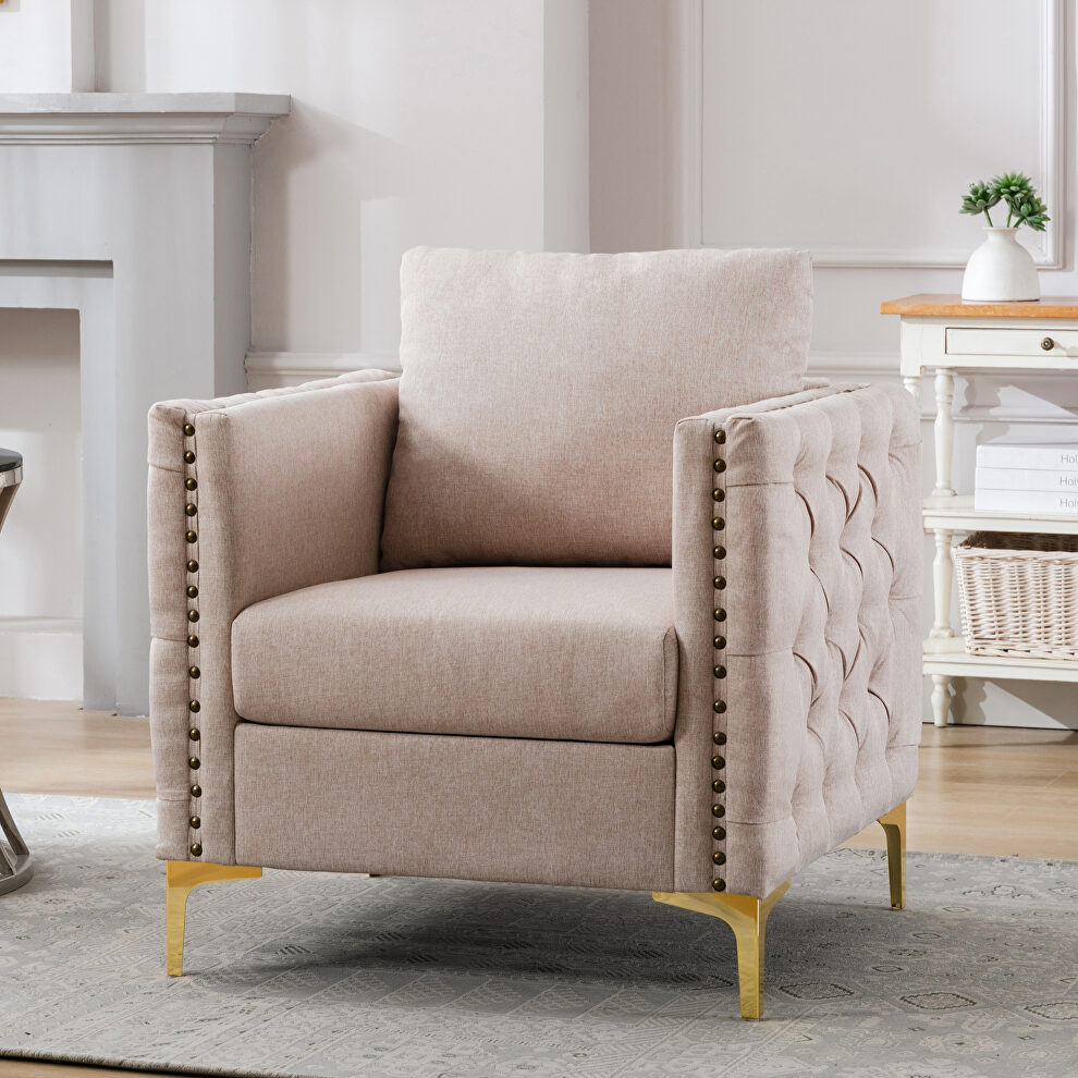 Modern button tufted tan linen accent armchair by La Spezia