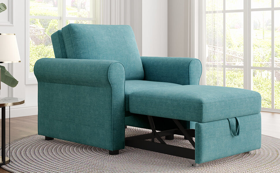 Teal linen 3-in-1 sofa bed chair, convertible sleeper chair bed by La Spezia