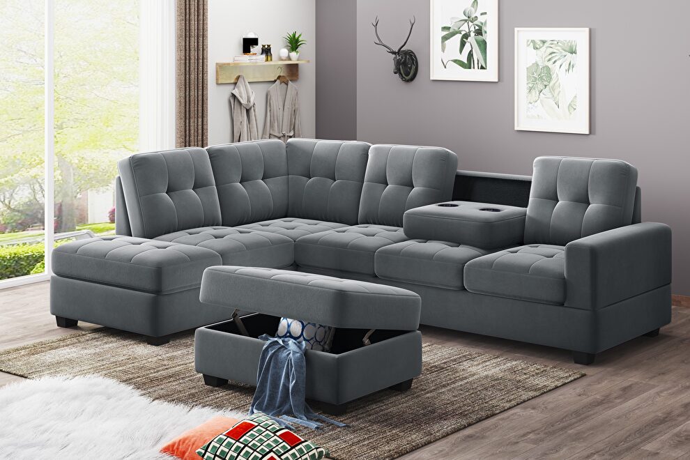 Gray suede sectional sofa with reversible chaise lounge by La Spezia