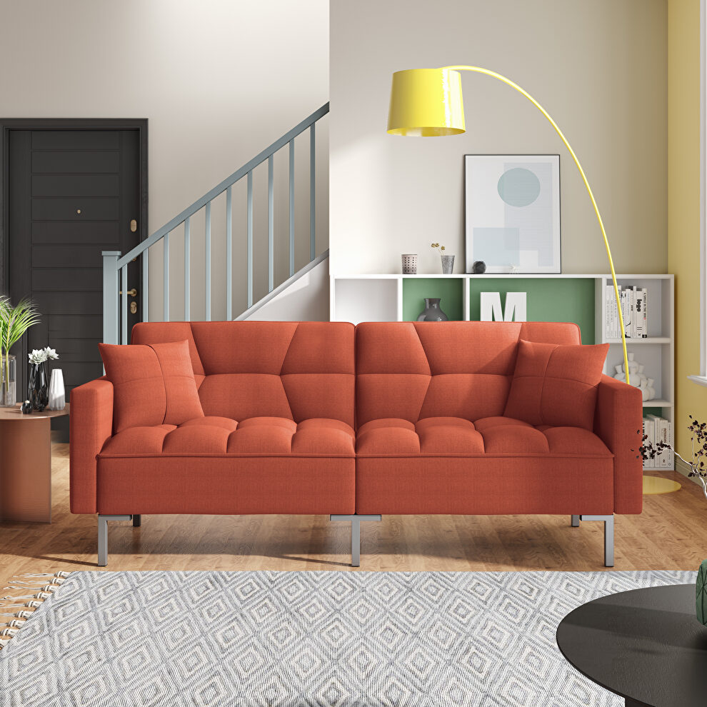 Orange linen upholstered modern convertible folding futon sofa bed by La Spezia