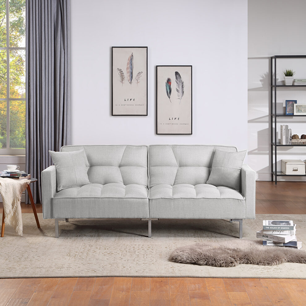 Light gray linen upholstered modern convertible folding futon sofa bed by La Spezia