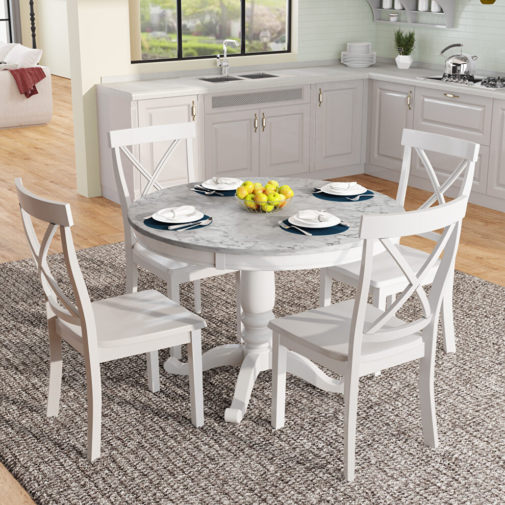 5-piece dining table set white solid wood table with 4 chairs by La Spezia