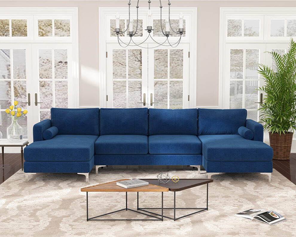 U-shape upholstered couch with modern elegant blue velvet sectional sofa by La Spezia
