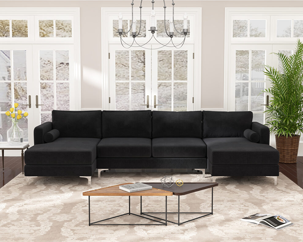 U-shape upholstered couch with modern elegant black velvet sectional sofa by La Spezia