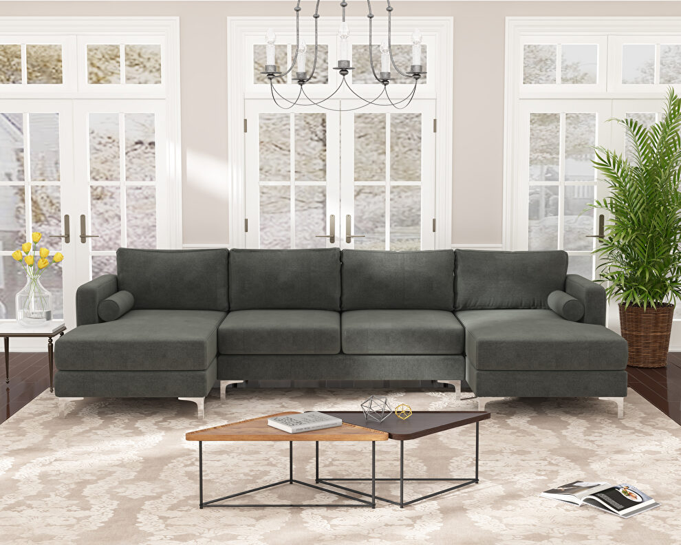 U-shape upholstered couch with modern elegant gray velvet sectional sofa by La Spezia