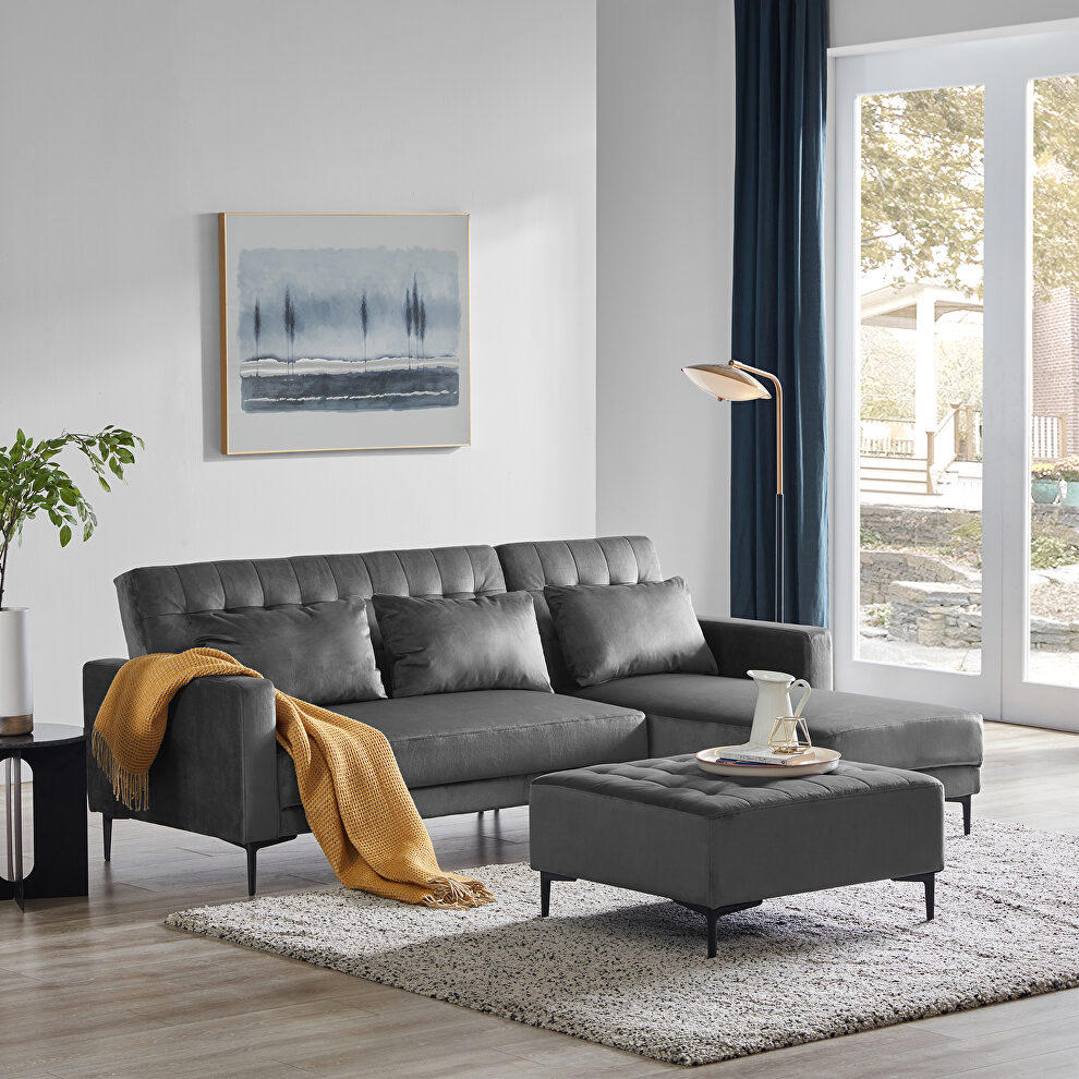 L-shape upholstered sofa bed with modern elegant gray microsuede fabric by La Spezia