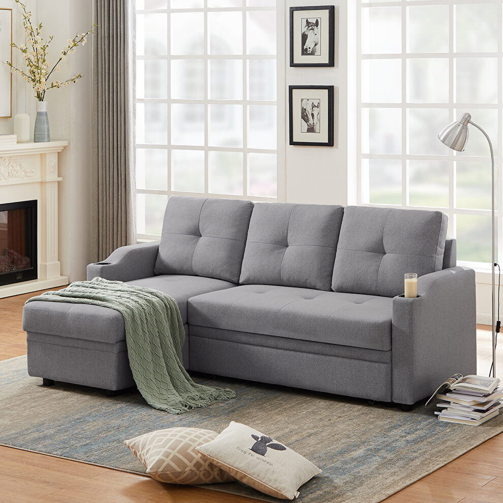 Gray linen sleeper sofa bed reversible sectional couch by La Spezia