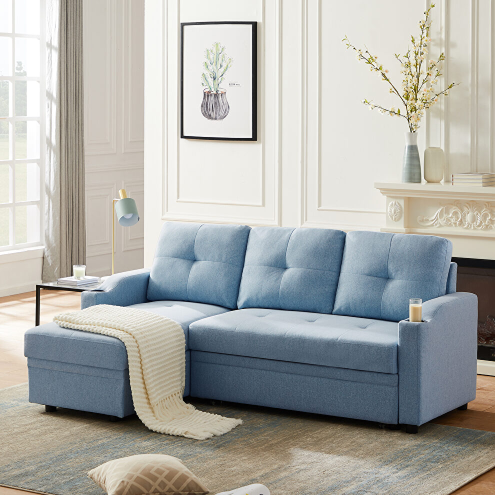 Blue linen sleeper sofa bed reversible sectional couch by La Spezia