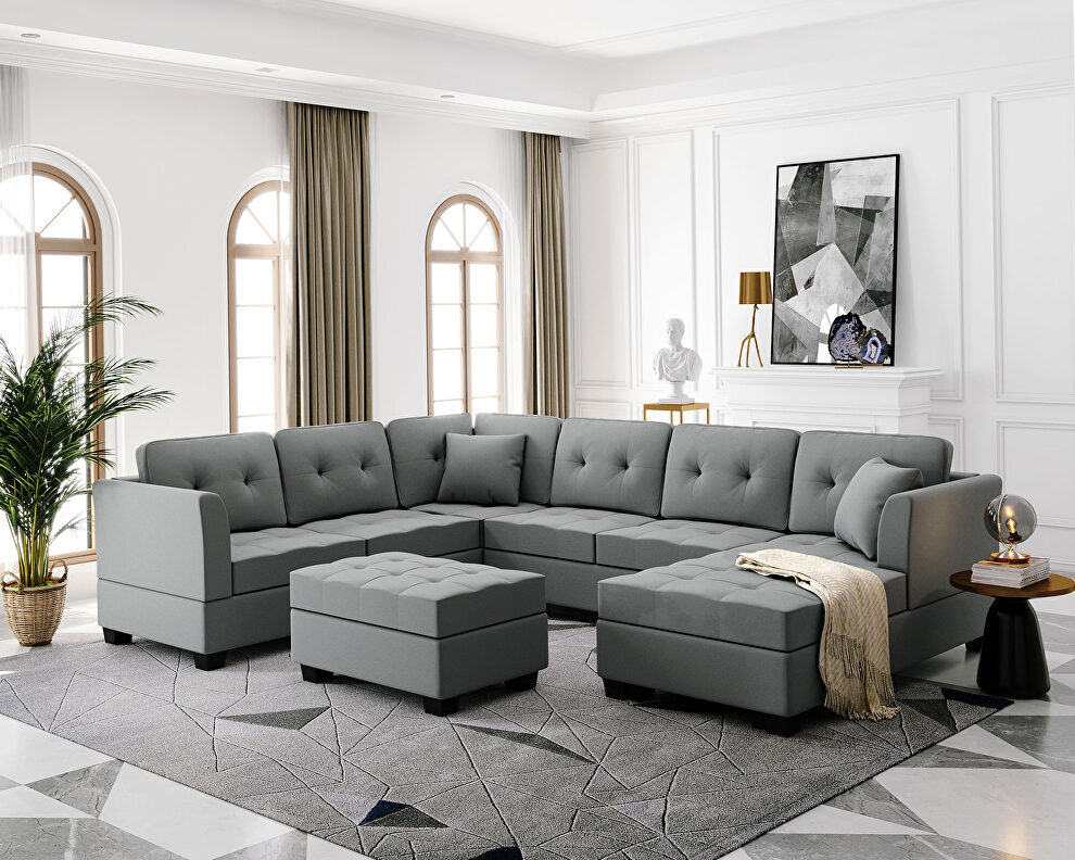 Sectional sofa with two pillows, u-shape upholstered couch with storage ottoman by La Spezia