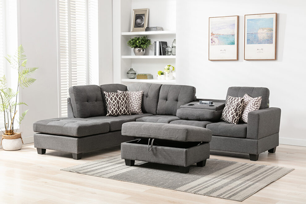 Gray linen reversible sectional sofa with 2 outlets & usb ports by La Spezia