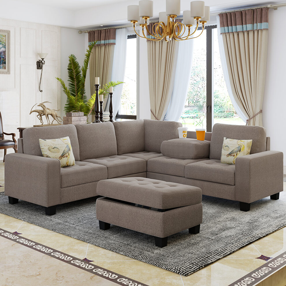 Brown velvet sectional corner l-shape sofa with storage ottoman by La Spezia