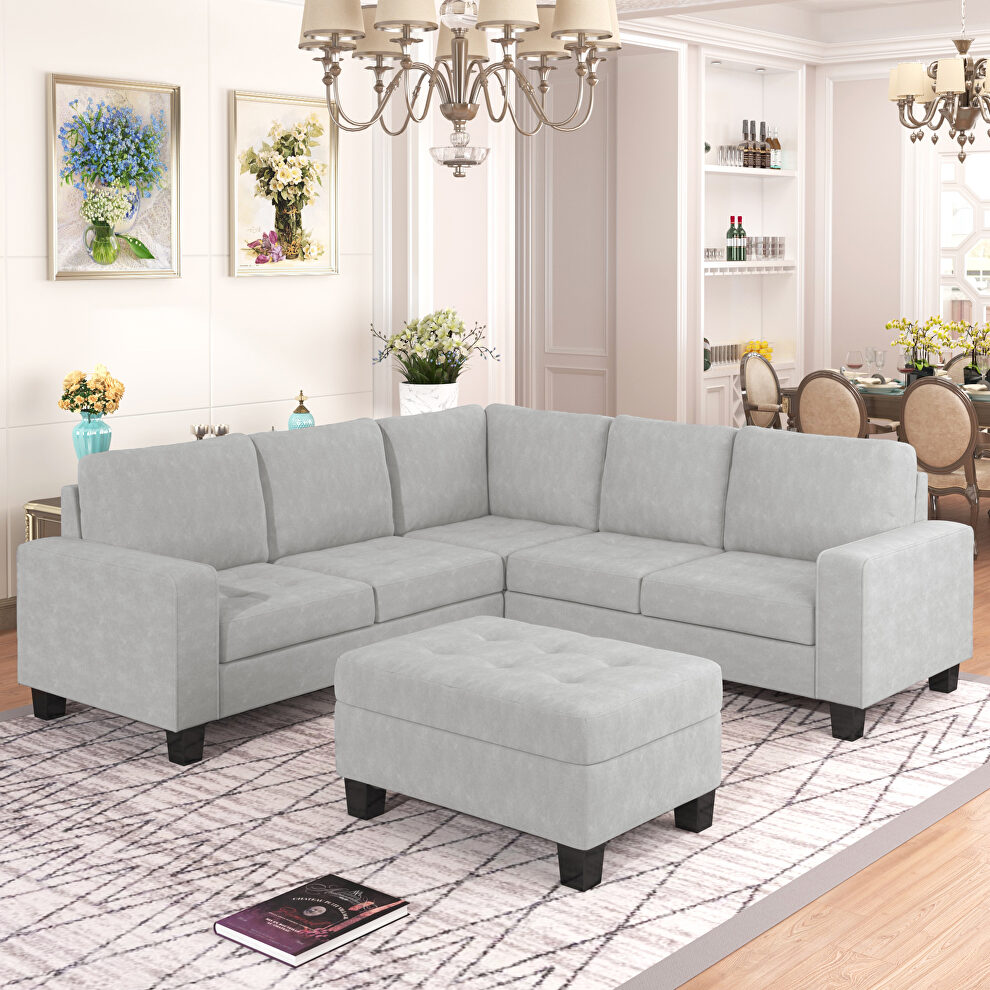 Light gray velvet sectional corner l-shape sofa with storage ottoman by La Spezia