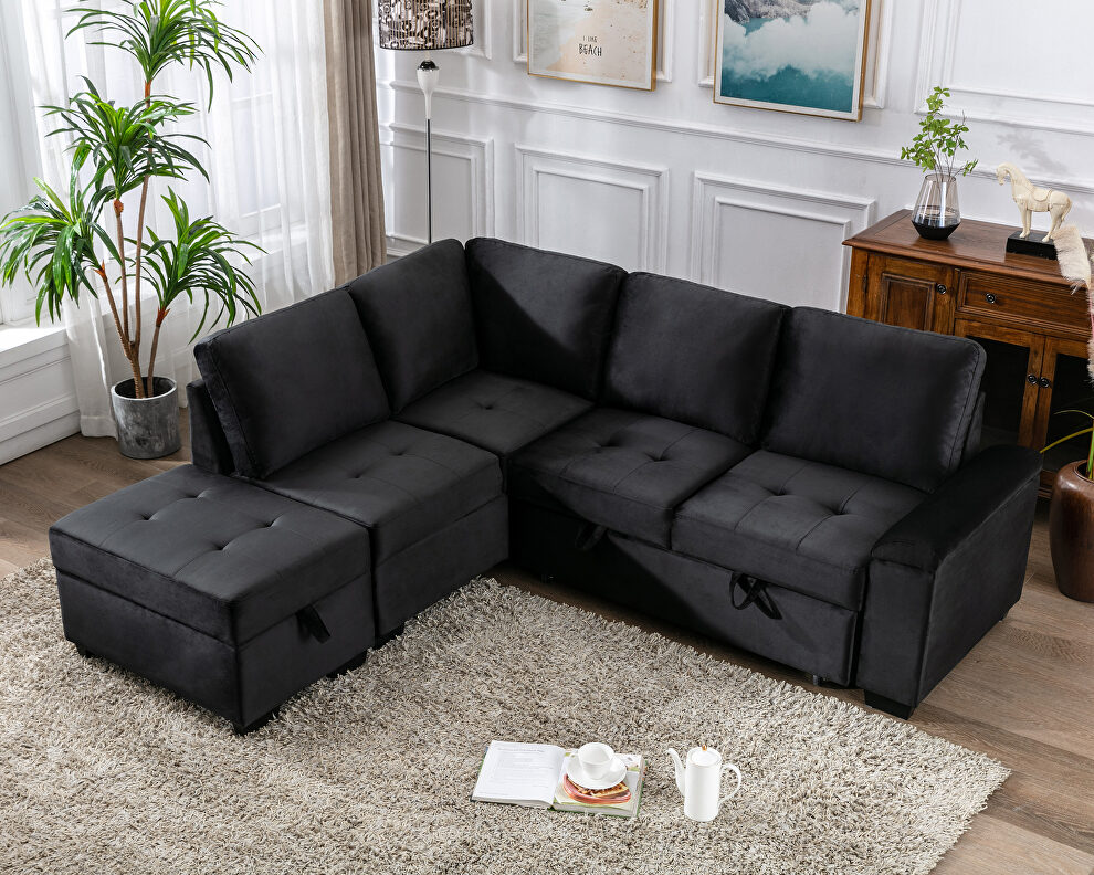 Black velvet l-shape sleeper sectional sofa with storage ottoman by La Spezia