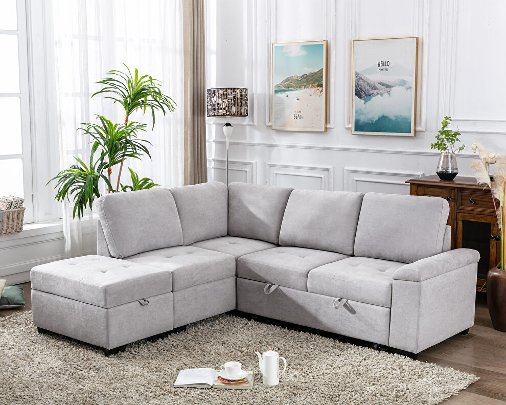 Gray linen l-shape sleeper sectional sofa with storage ottoman by La Spezia
