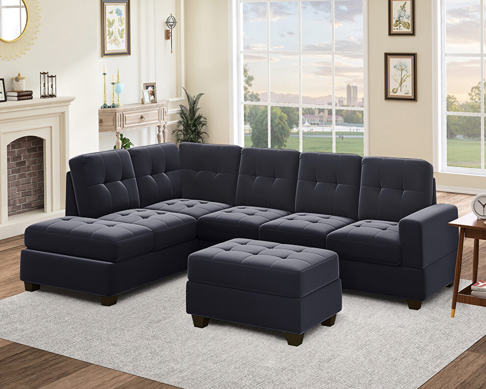 Black velvet l-shaped sectional sofa with reversible chaise and storage ottoman by La Spezia