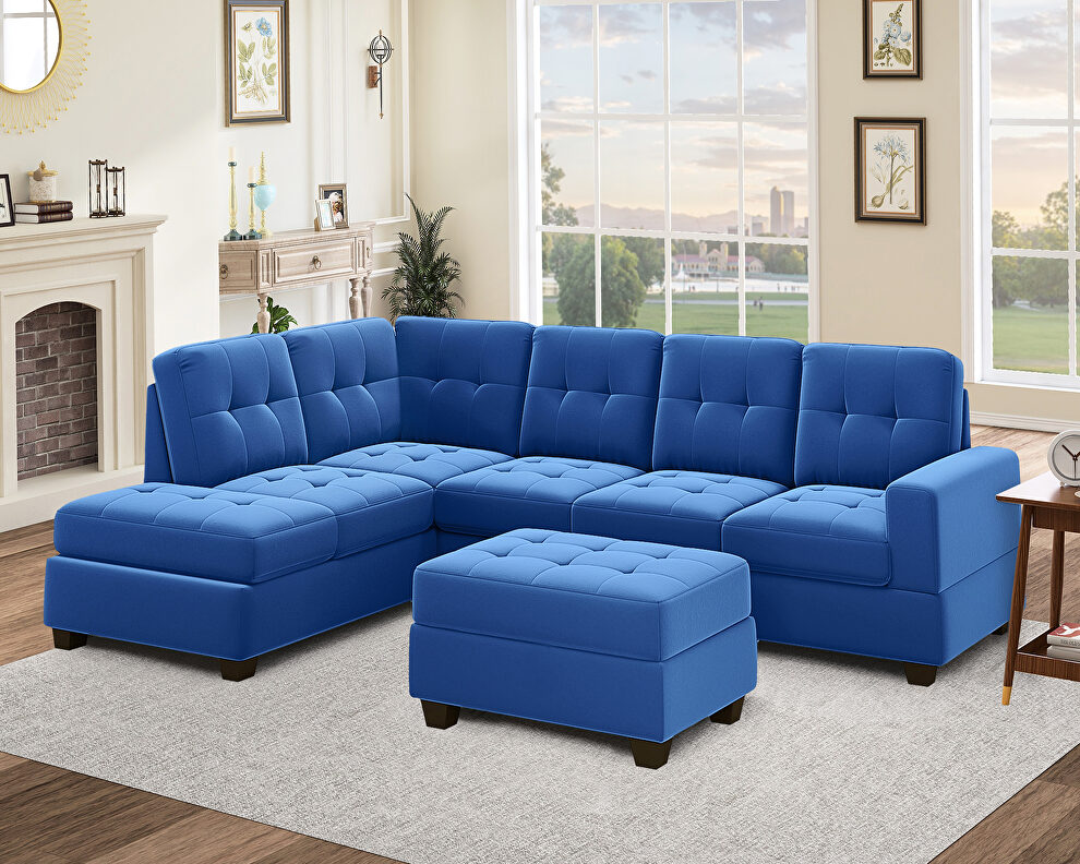 Blue velvet l-shaped sectional sofa with reversible chaise and storage ottoman by La Spezia