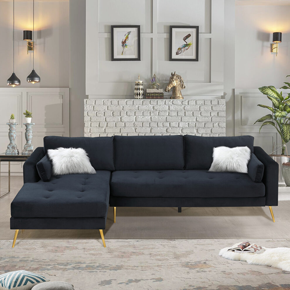 Modern elegant black velvet sectional sofa with two pillows by La Spezia