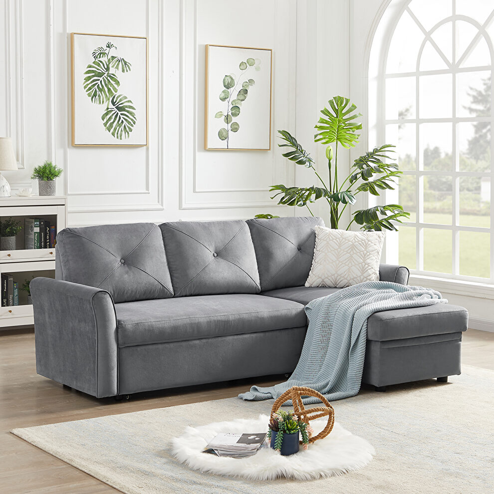 Gray velvet reversible l-shape sectional sofa with storage by La Spezia