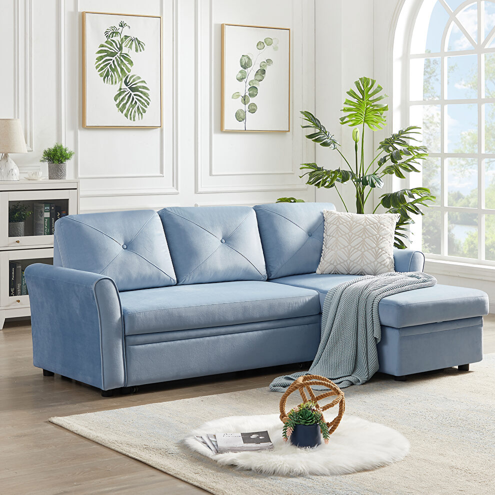 Blue velvet reversible l-shape sectional sofa with storage by La Spezia