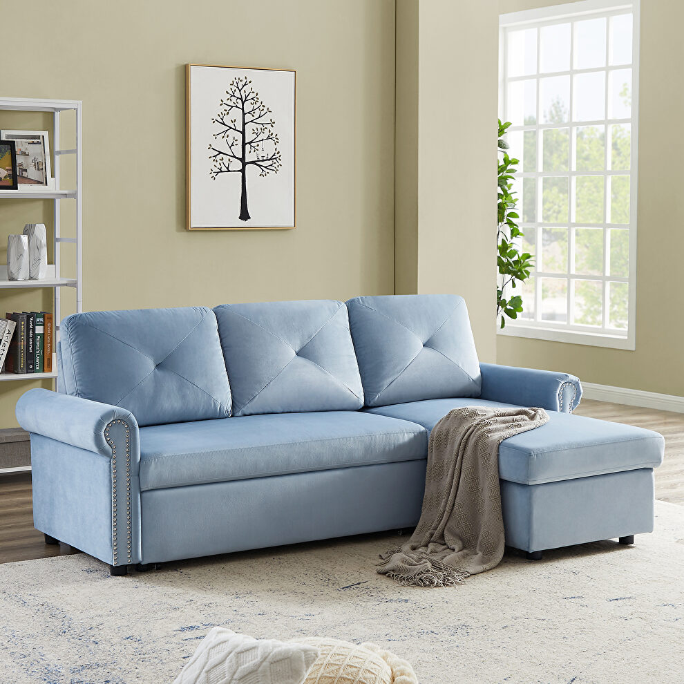 Blue velvet convertible sectional sleeper sofa bed with storage chaise by La Spezia