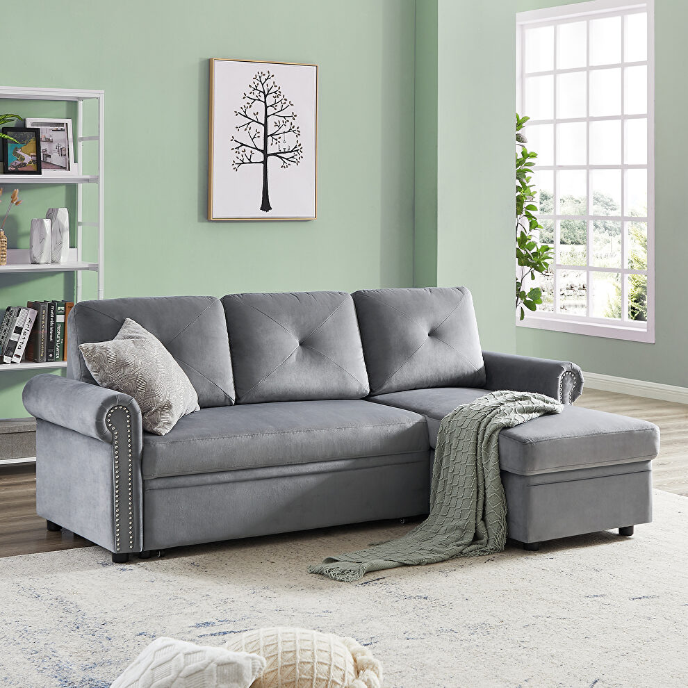 Gray velvet convertible sectional sleeper sofa bed with storage chaise by La Spezia