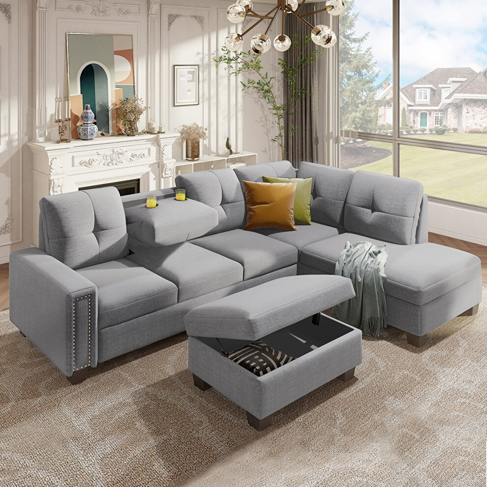 Light gray linen l-shape reversible sectional sofa with storage ottoman by La Spezia