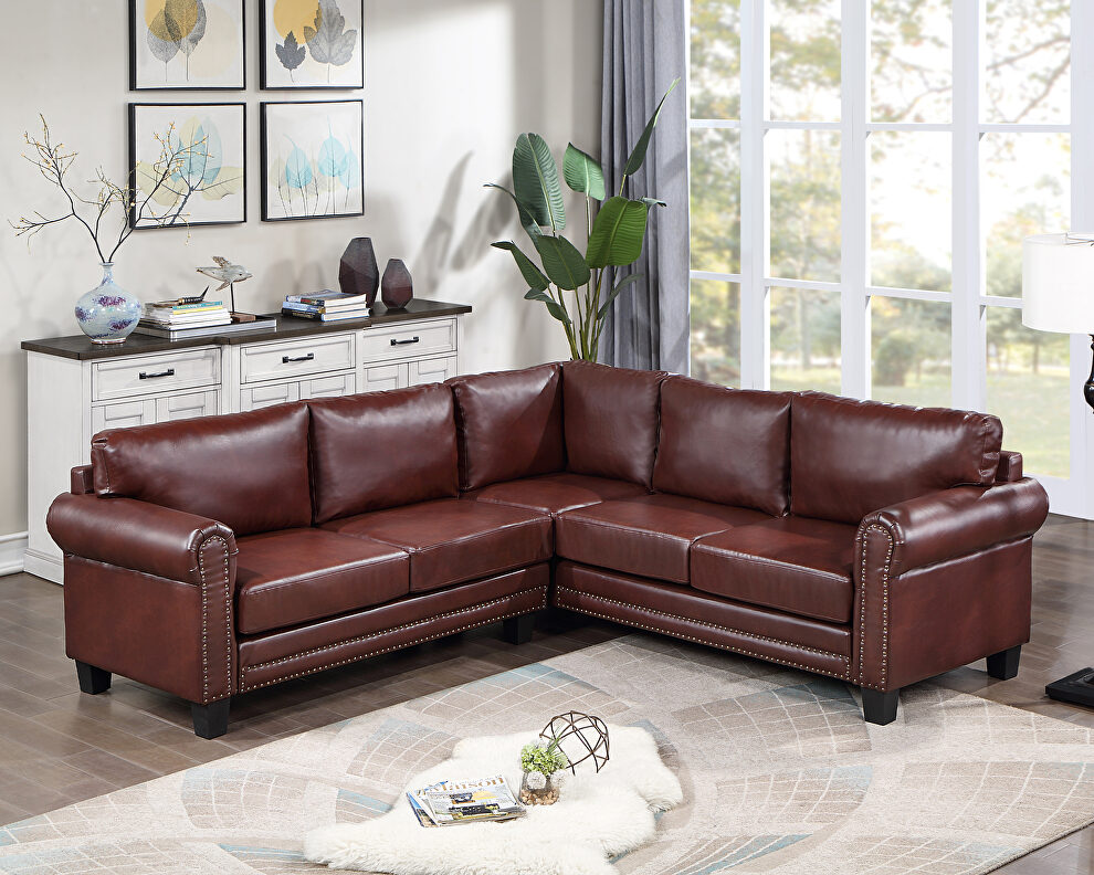 Brown pu midcentury sectional corner sofa l-shape couch by La Spezia