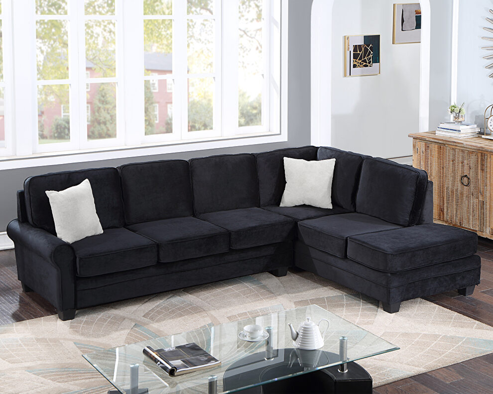 Black linen upholstered reversible sectional sofa with scrolled arm by La Spezia