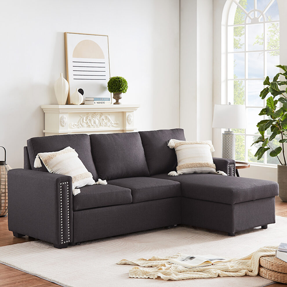 Dark gray velvet l-shape sleeper reversible sectional sofa with storage chaise by La Spezia