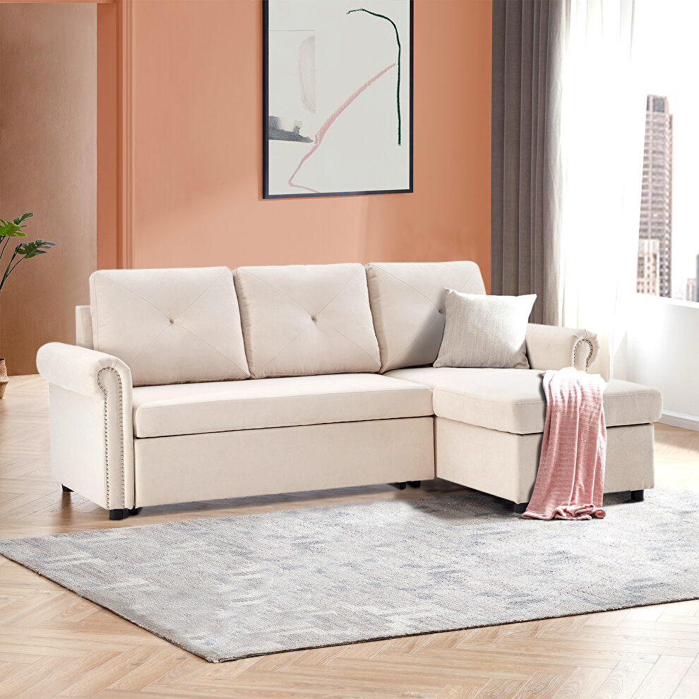 Beige linen convertible sectional l-shape corner couch sofa-bed with storage by La Spezia