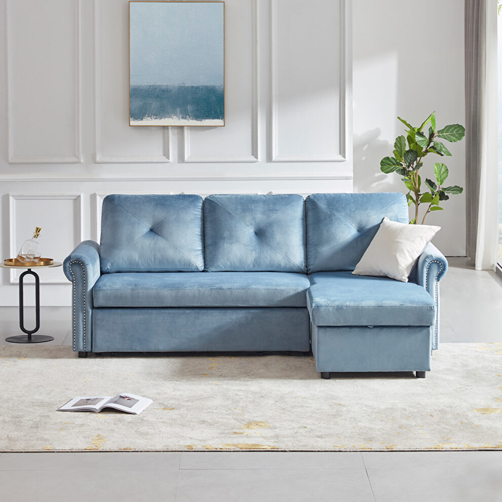 Blue velvet sleeper sofa bed convertible sectional sofa couch by La Spezia