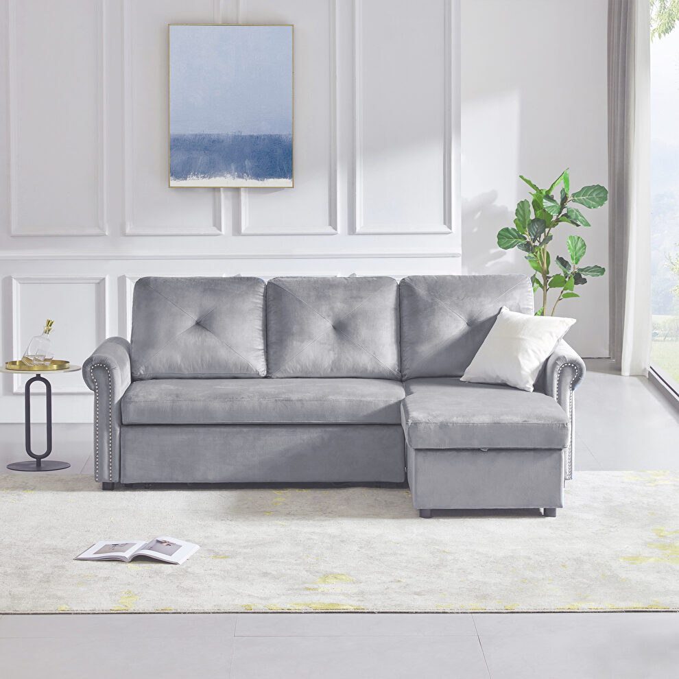 Gray velvet sleeper sofa bed convertible sectional sofa couch by La Spezia
