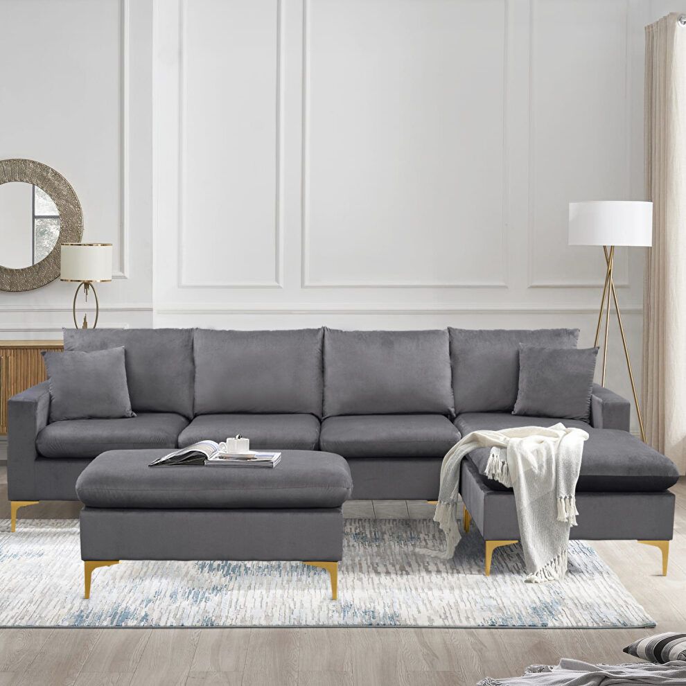Elegant gray velvet upholstery l-shape sectional sofa with ottoman by La Spezia