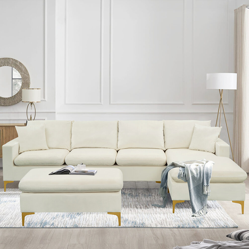Elegant cream velvet upholstery l-shape sectional sofa with ottoman by La Spezia