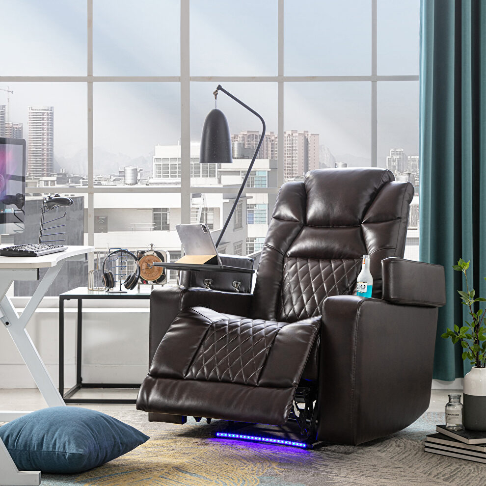 Brown metal and wood power motion recliner with usb charging port and 360° swivel tray table by La Spezia