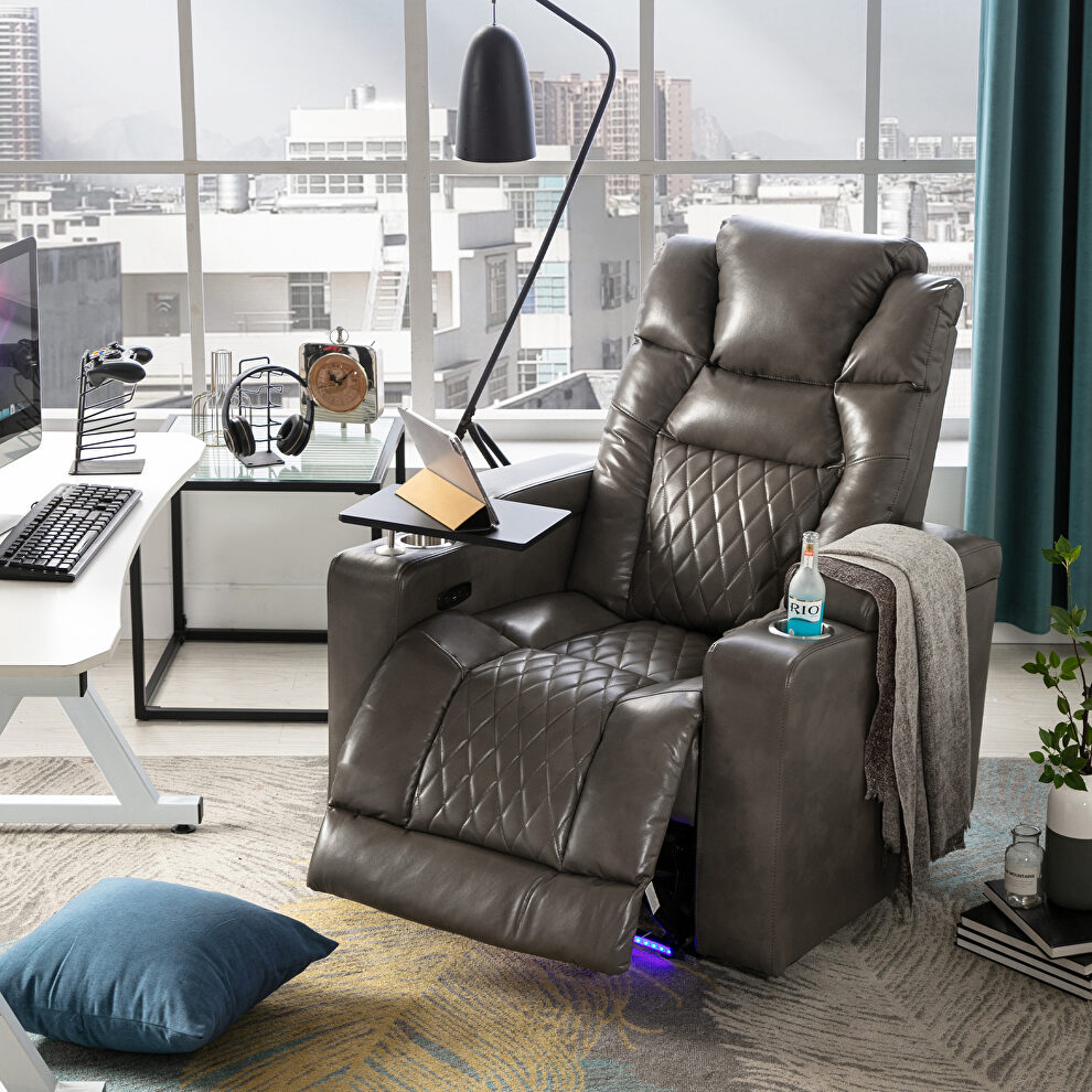 Gray metal and wood power motion recliner with usb charging port and 360° swivel tray table by La Spezia