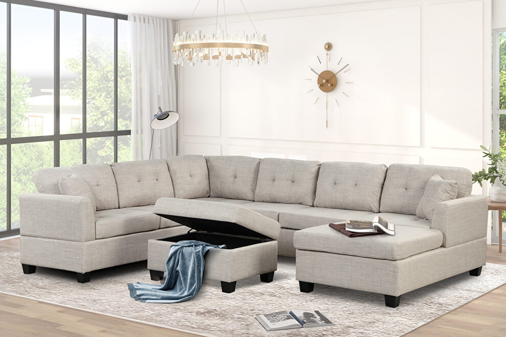 Beige linen oversized sectional u-shaped sofa with storage ottoman by La Spezia
