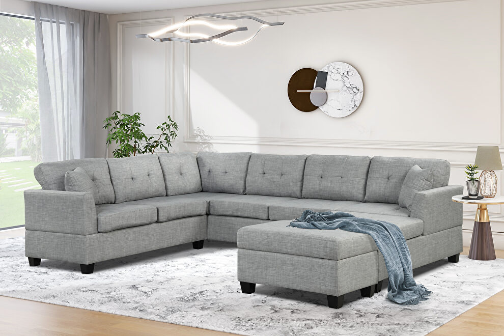 Light gray linen oversized sectional u-shaped sofa with storage ottoman by La Spezia