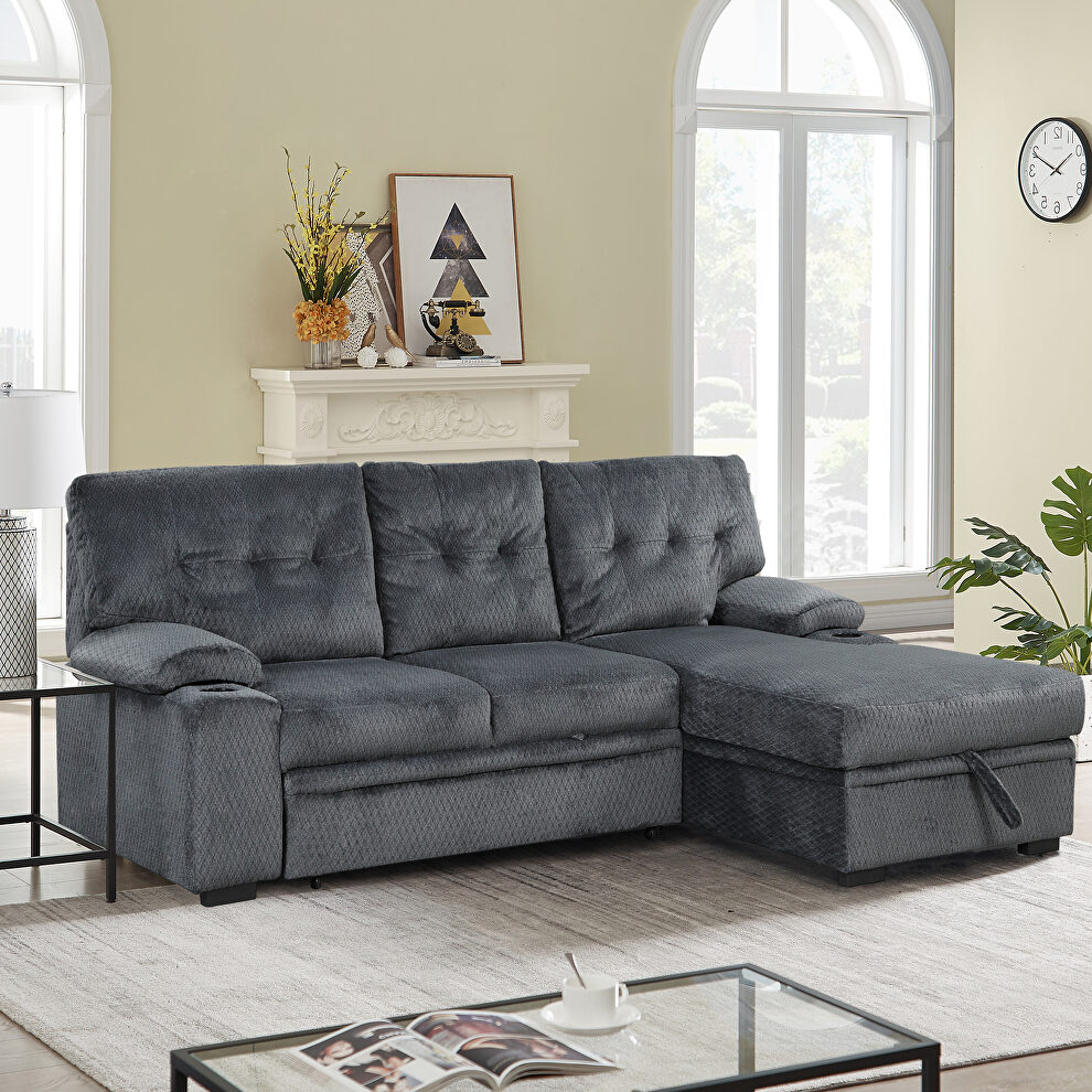 Gray fabric upholstery sleeper sectional sofa with storage chaise and cup holder by La Spezia