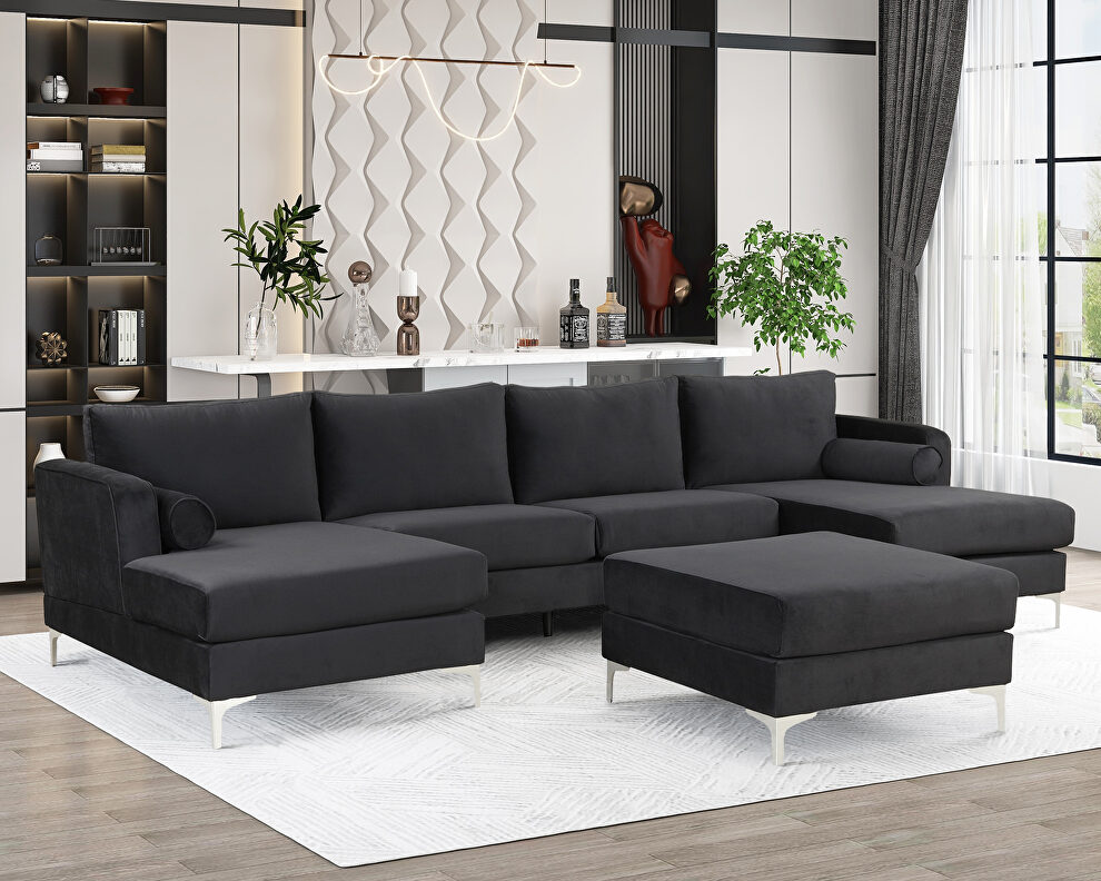 Black velvet fabric reversible chaise u-shaped sofa with ottoman by La Spezia