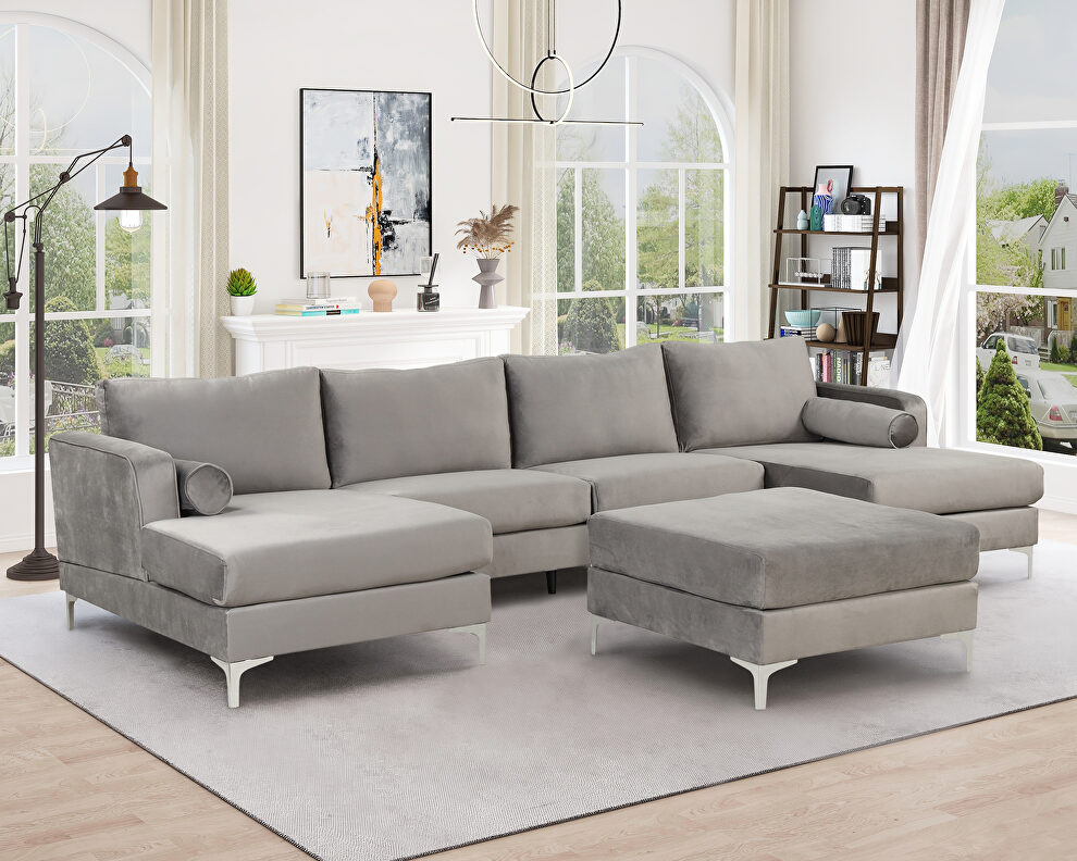 Gray velvet fabric reversible chaise u-shaped sofa with ottoman by La Spezia