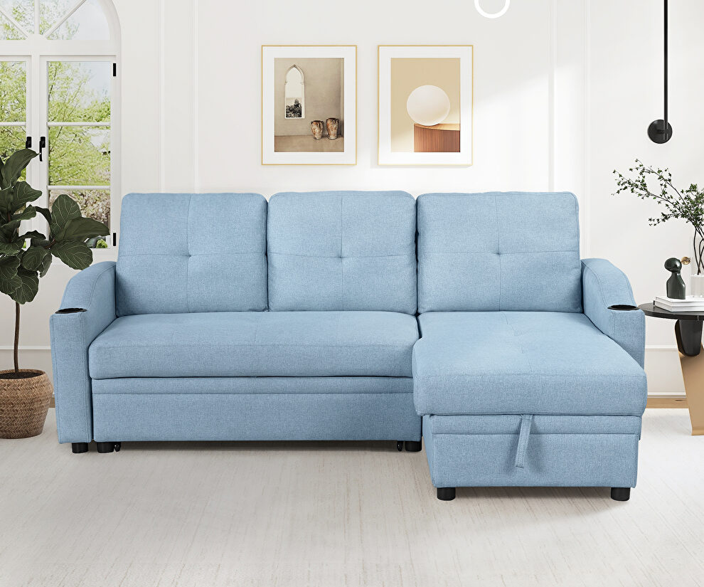 Blue linen fabric modern padded sofa bed with storage chaise by La Spezia
